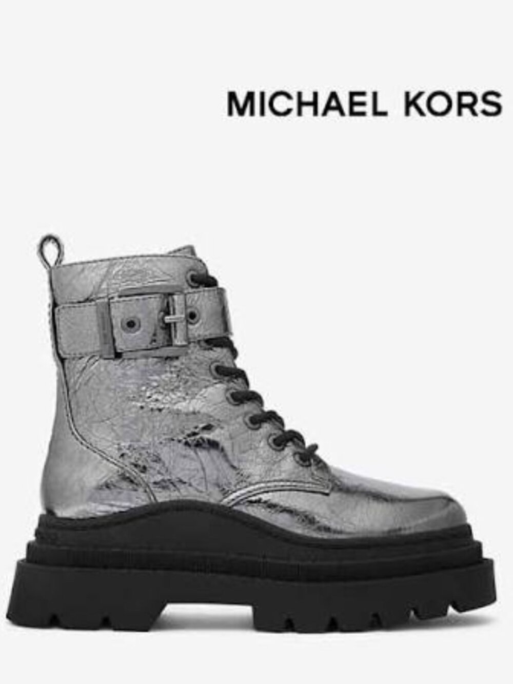 Michael Kors Colby Crackled Silver Metallic Combat Leather Boots Size 6 NEW